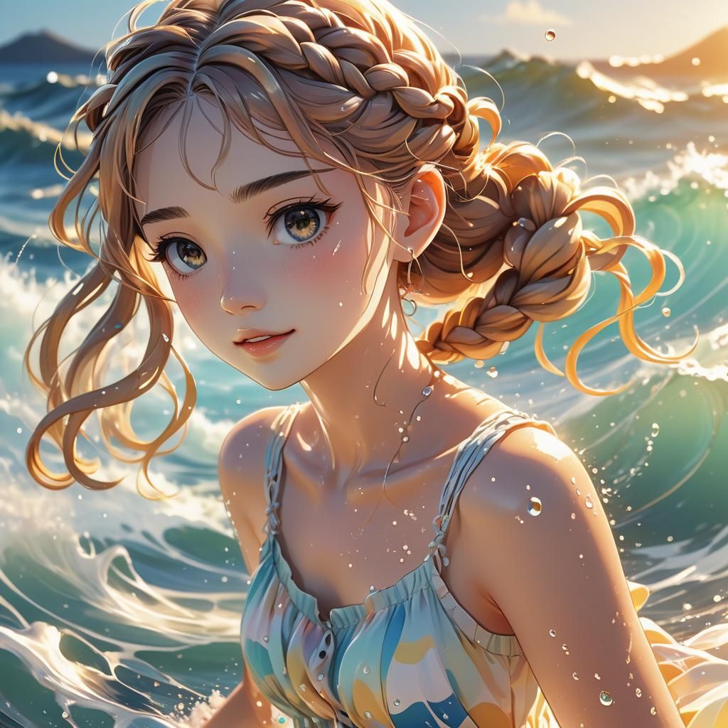 Girl Splashing in Waves: Anime Line Art