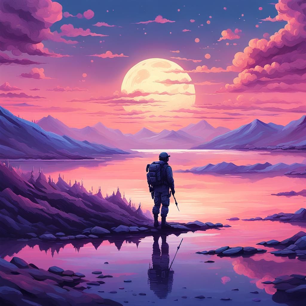 Soldier in a Dreamlike Moonlit Landscape