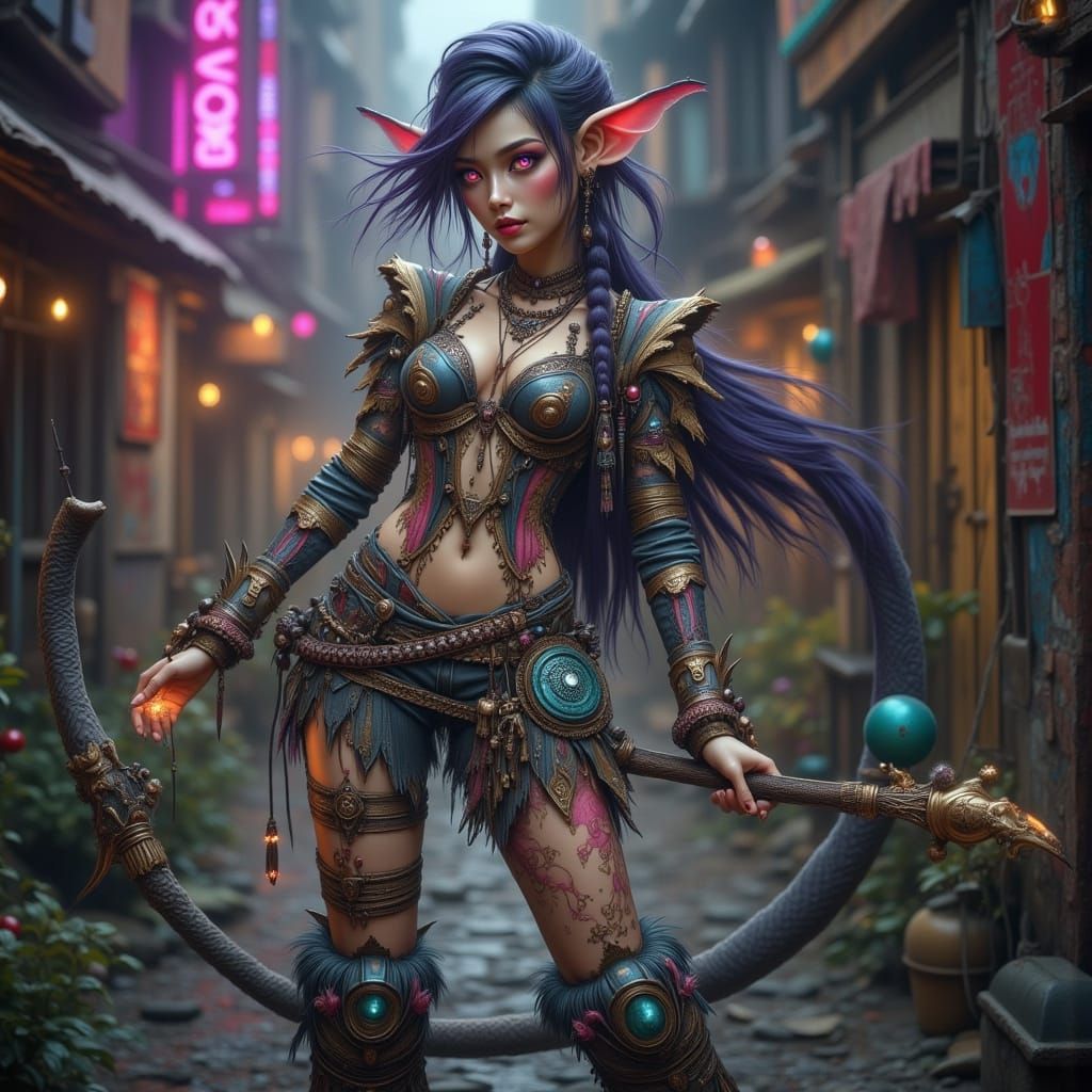 Muscular Punk Goblin Girl With Pink Eyes