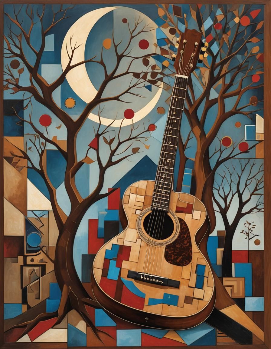 Cubist Guitar Still Life: Dreamlike Geometric Composition