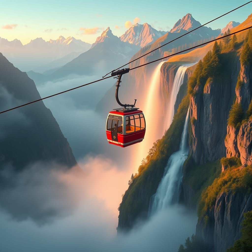 Whimsical Cable Car Above Swiss Waterfall in Alpenglow