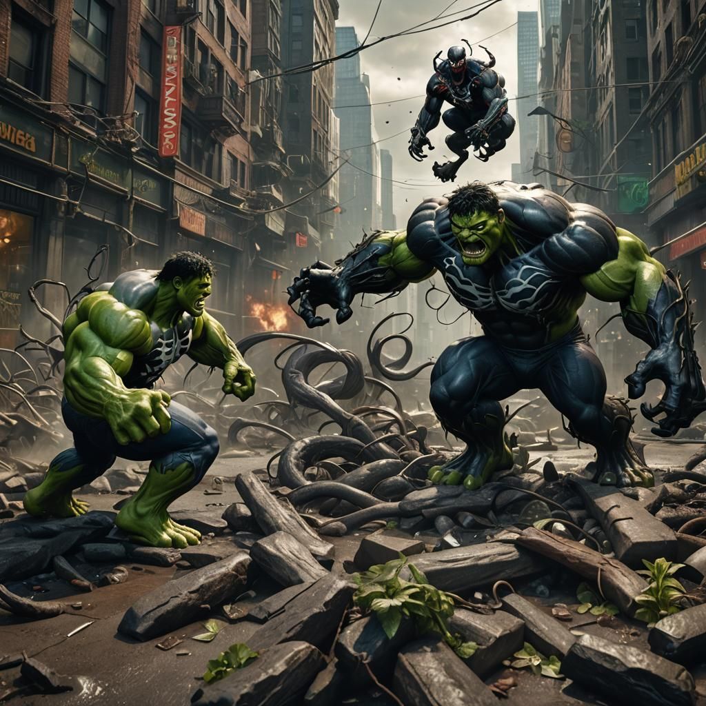 Hulk Battles Venom: Detailed Matte Painting
