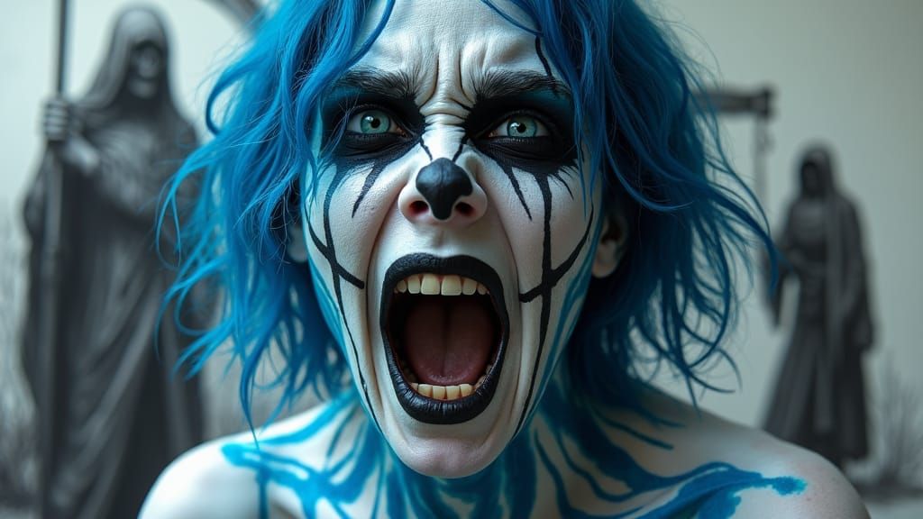 Screaming Blue-Haired Woman with Grim Reaper Sketch Art