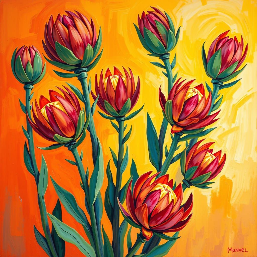 Swaying Stalks of Protea in Vibrant Dance