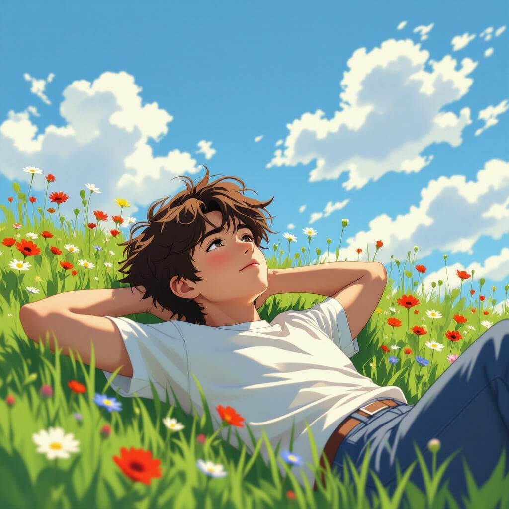 Teen Boy in Field of Flowers, Impressionistic Style