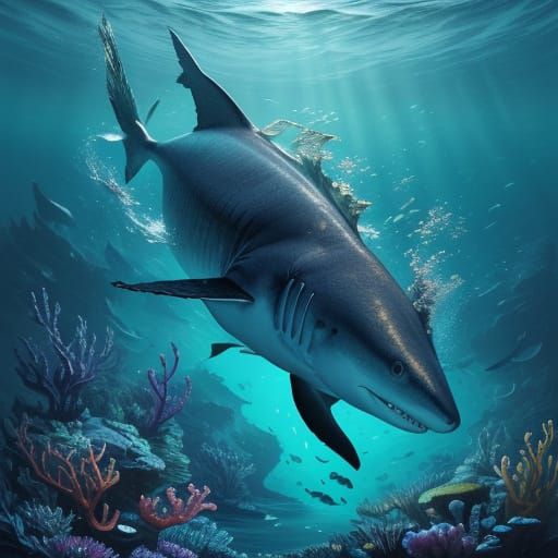 Surreal Shark Eats Mermaid in Dreamlike Oil Painting