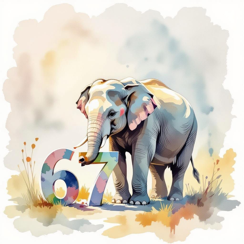 Elephant Eating Numbers 67 in Watercolor Style