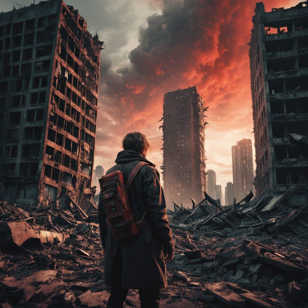 Post-Apocalyptic Survivor in Ruined City