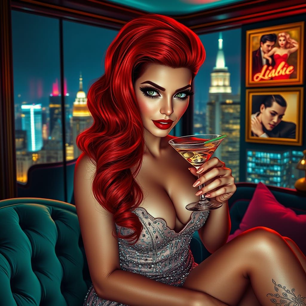 Glamorous Woman in Art Deco Penthouse at Night