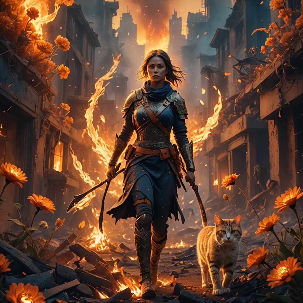 Girl Warrior Emerges from Fire with Cat