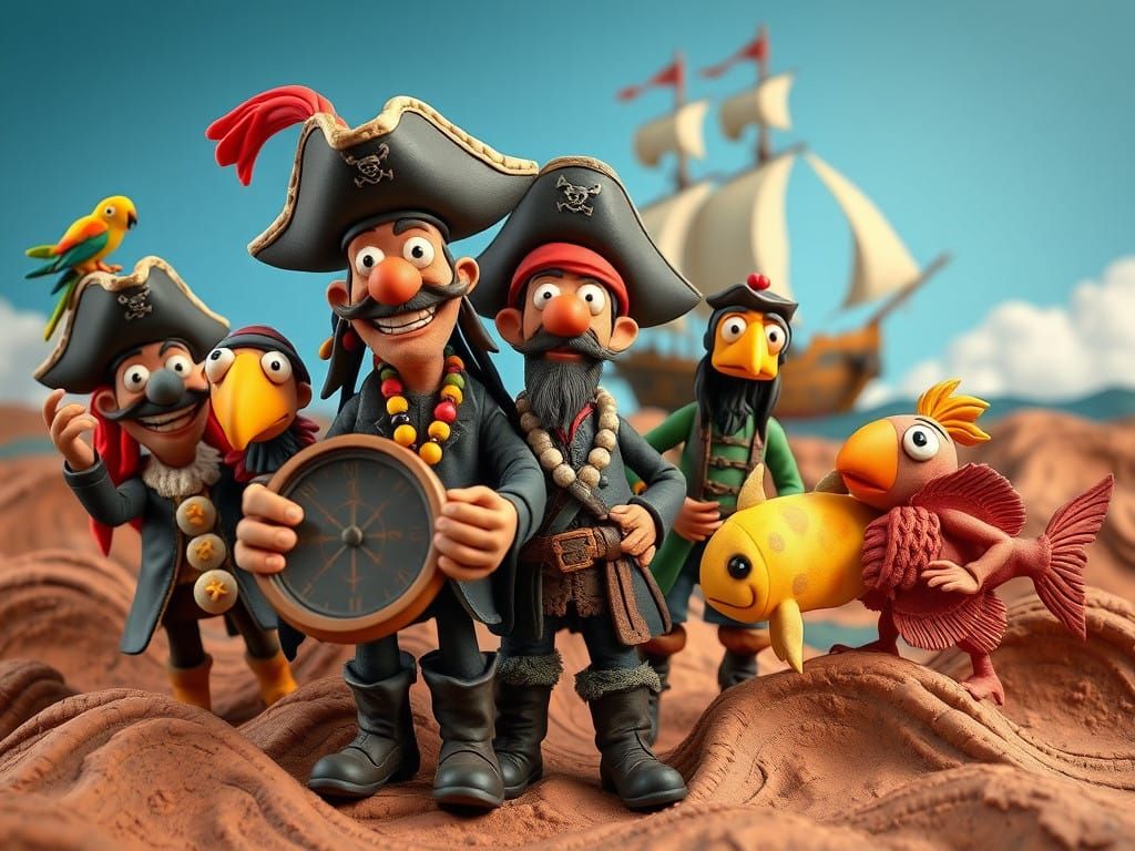 Vibrant Claymation Pirate Crew in Whimsical Sea