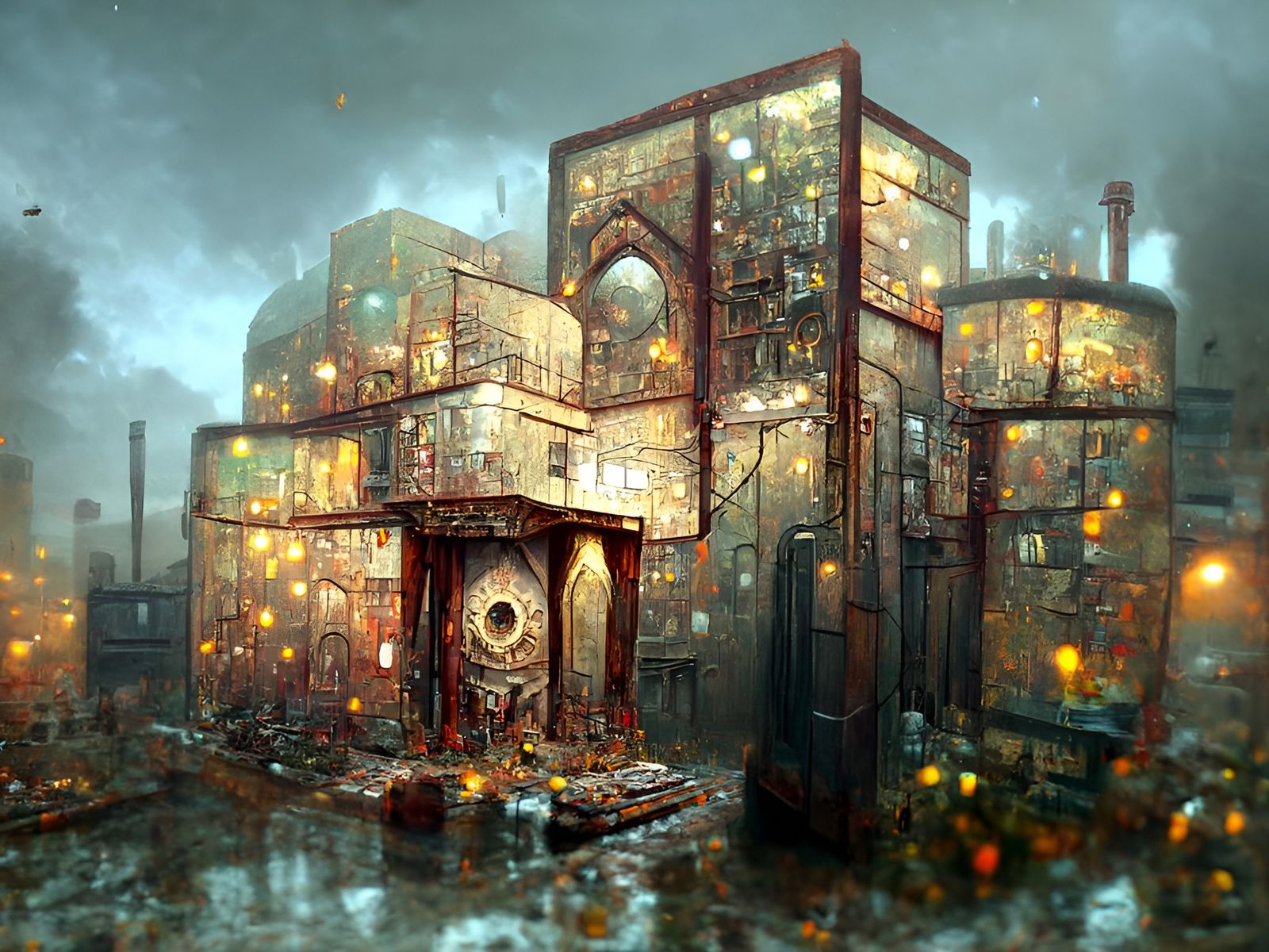 Dystopian Crematory: Post-Apocalyptic Cityscape Illustration