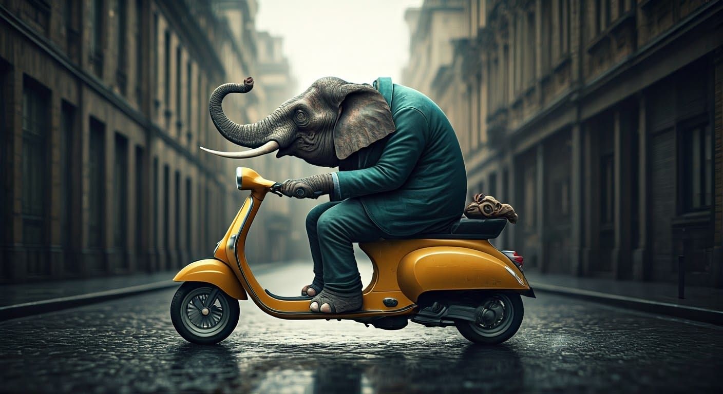 Elephant Rides Grotesque Vespa in Rainy City