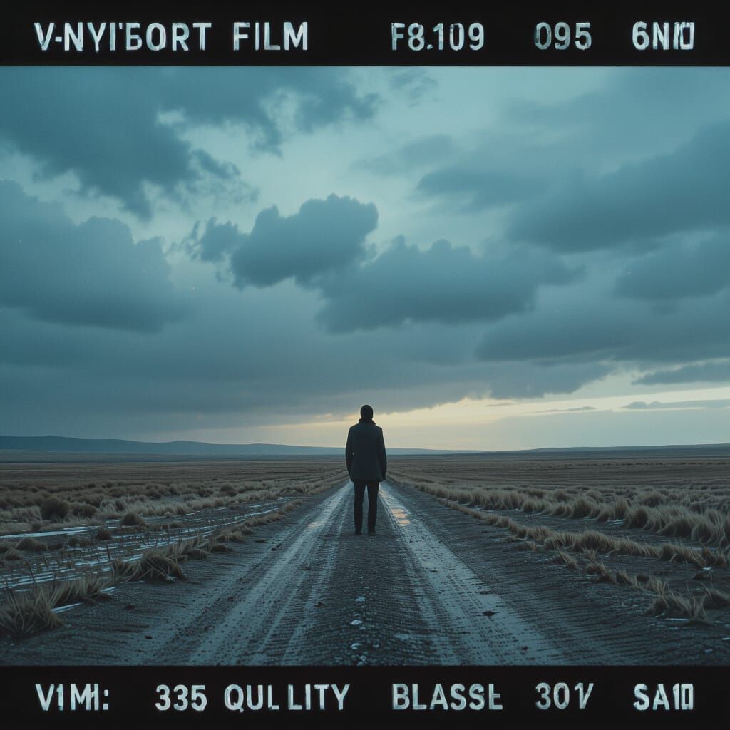 Cinematic Film Still of Lone Figure on Desolate Plain