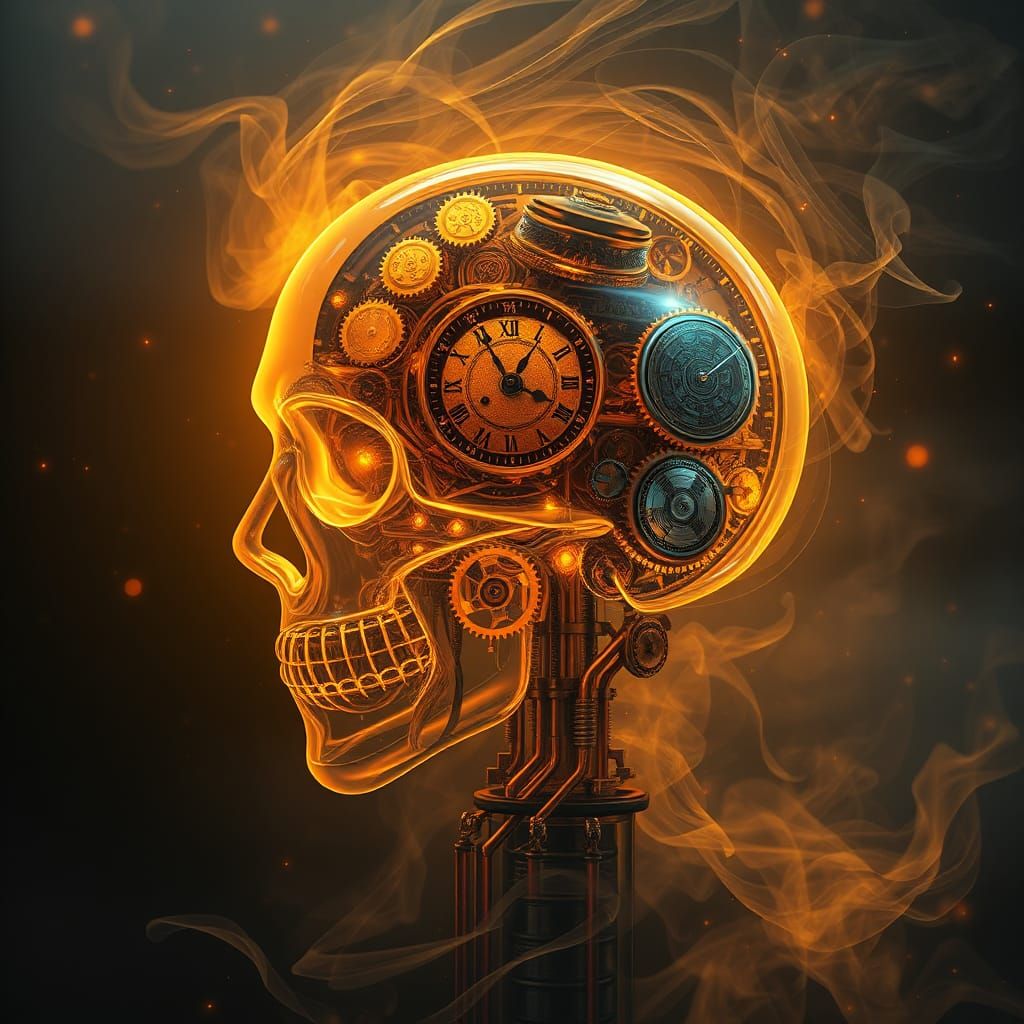 Steampunk Clockwork Brain in Ethereal Mist