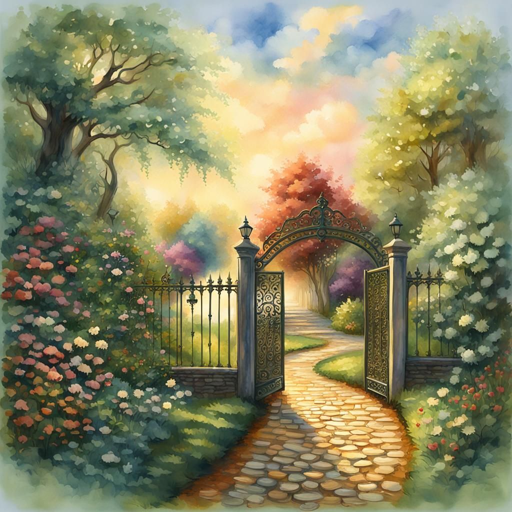 Serene Garden Scene with Ornate Gate in Watercolor Style