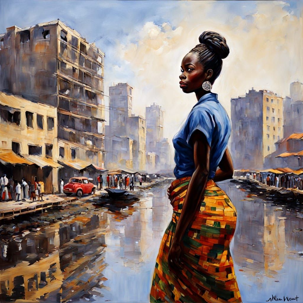 African Woman in a Vibrant Urban Landscape, Inspired by Mone...