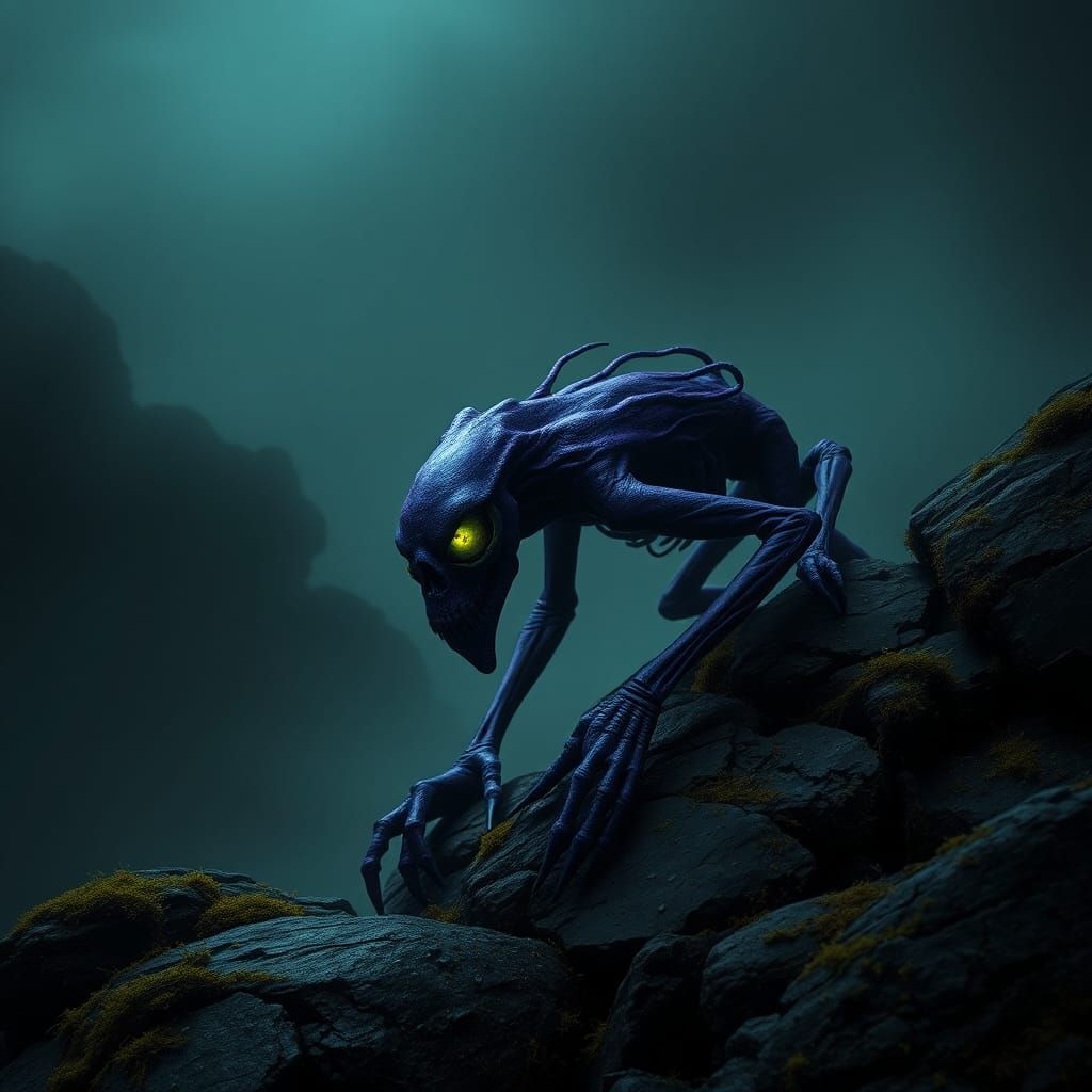 Gothic Horror: Purple One-Eyed Haunter in Mist