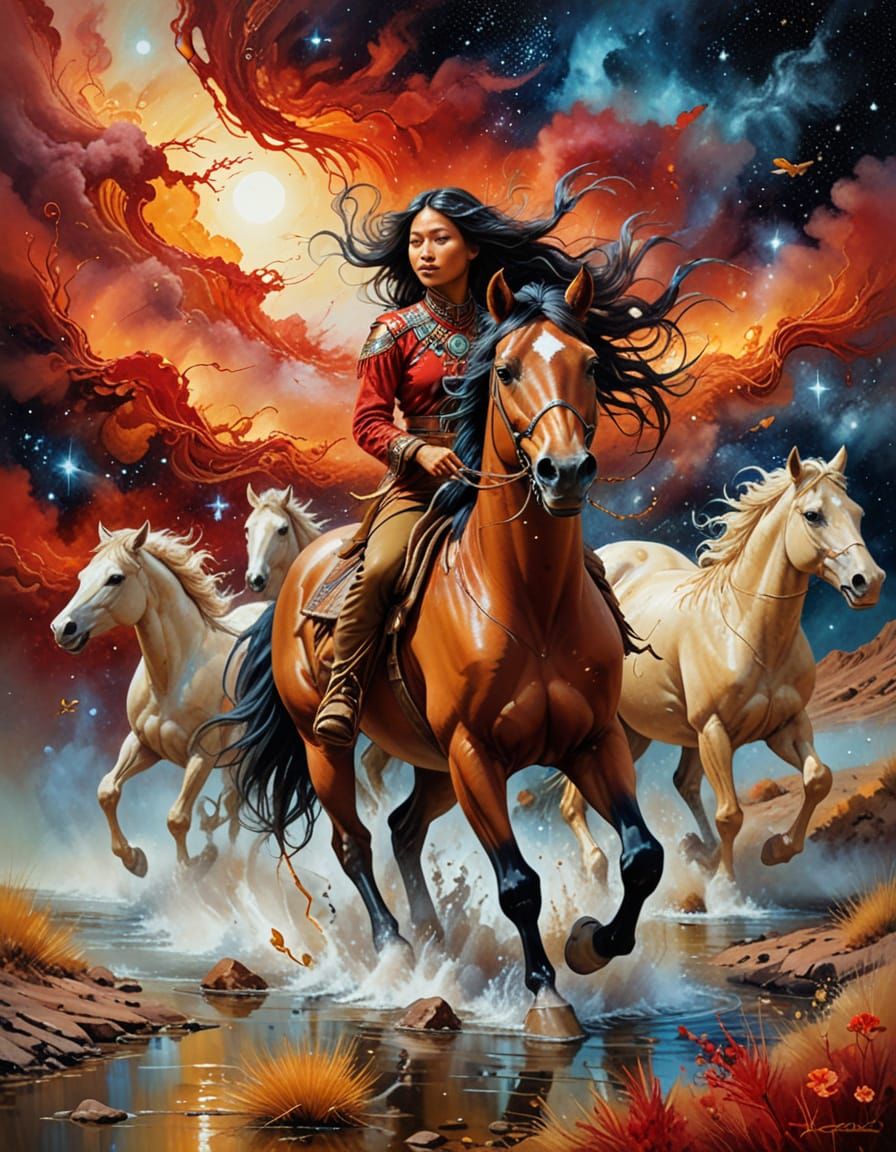 Surreal Native American Woman with Wild Horses in Space