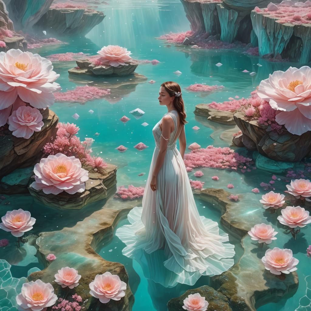 Woman Floats in Crystalline Turquoise Dreamscape