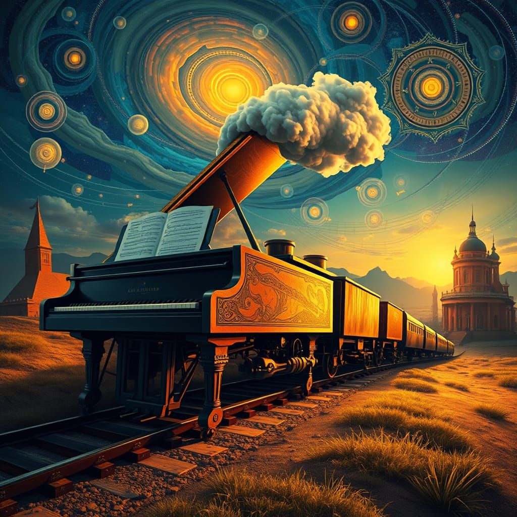 Surreal Piano Locomotive in Dreamlike Landscape