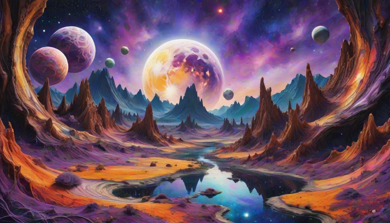 Barren Alien Planet Landscape in Mixed Media