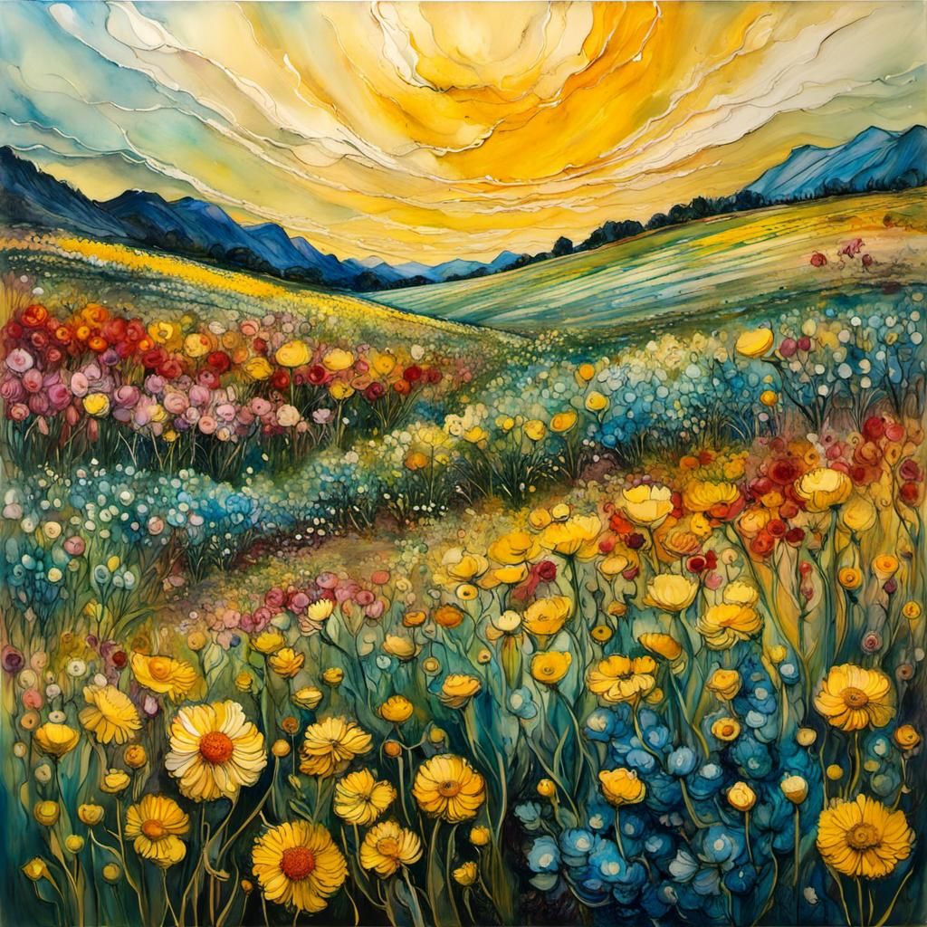 Encaustic Flower Field Sunrise in Van Gogh Style