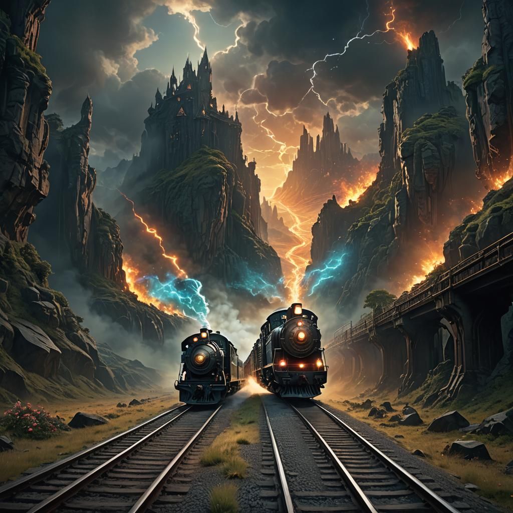 Mystical Train Journey in a Dark Fantasy Landscape