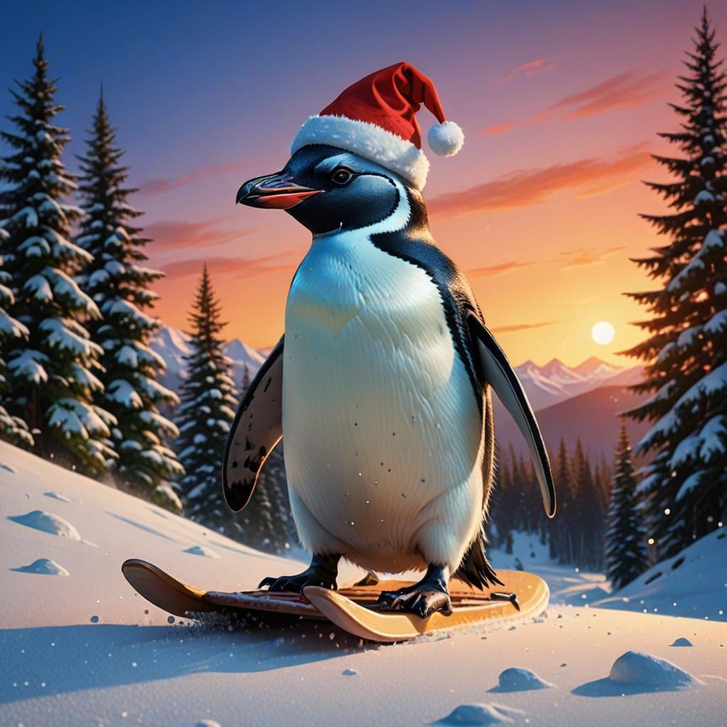 Cheerful Penguin in Santa Hat on Sled Amidst Snowy Landscape