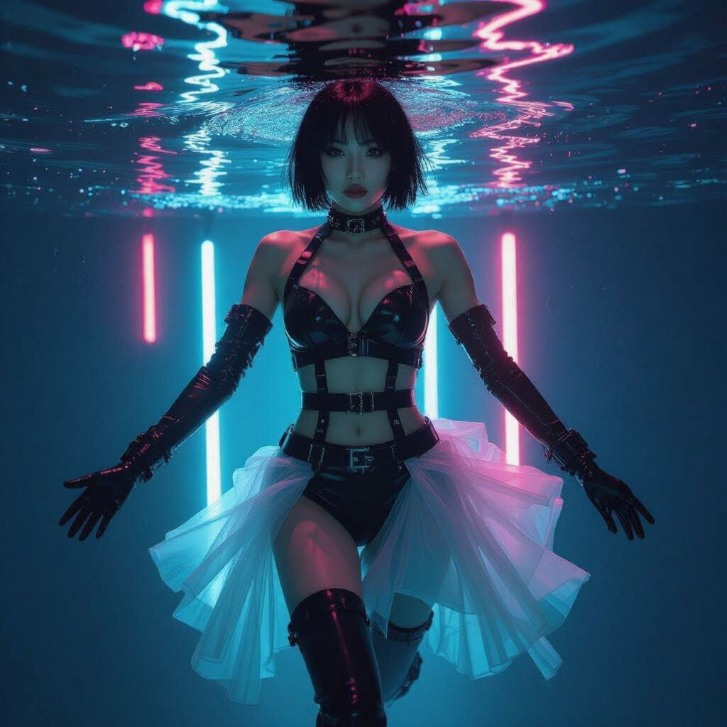 Asian Woman Underwater in Manga Neon Style