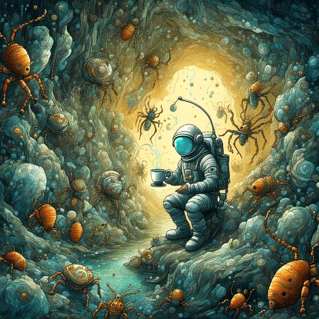 Astronaut and Bug Aliens in Cave