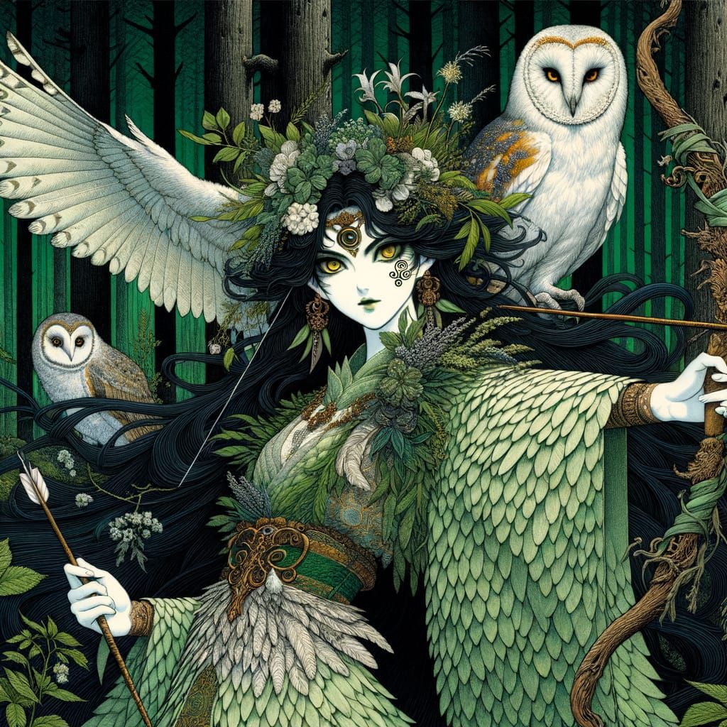 Owl Goddess in Twilight Woods, Inspired by Early Anime