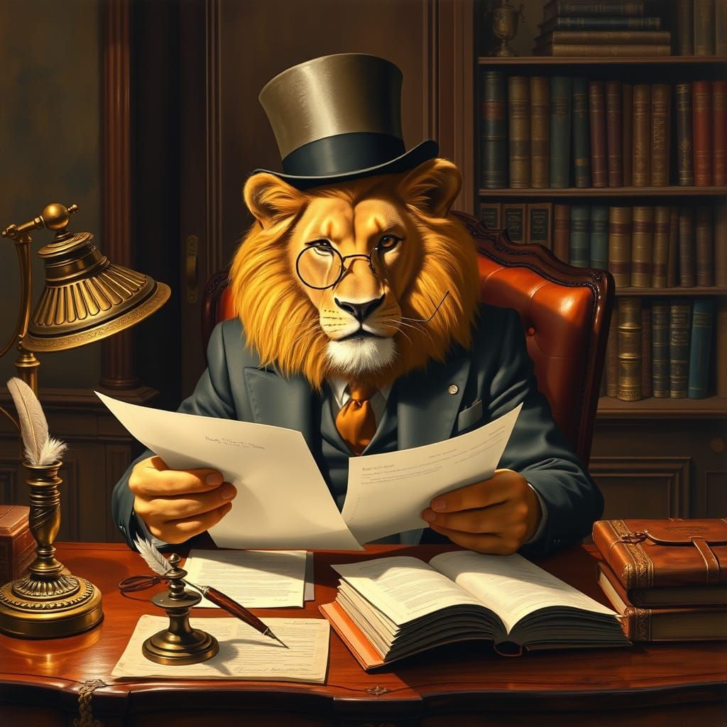 Lion in Suit Reviews Finances, Oil Painting Style