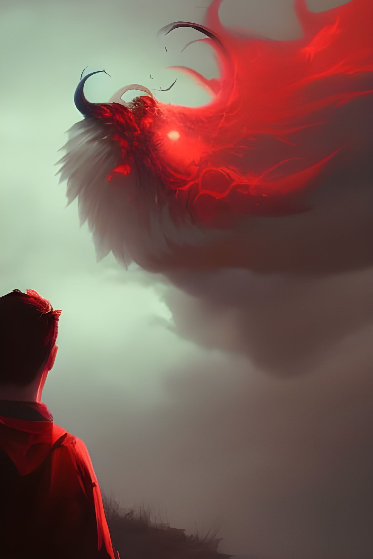 a man standing in front of a cloud filled sky, a comic book ...