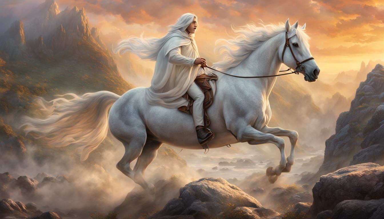 White Horse and Rider in Volcanic Landscape