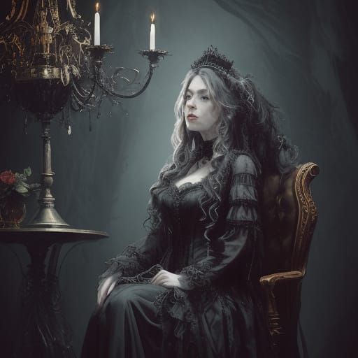 Gothic Queen Seated in Majestic, Victorian-Inspired Throne