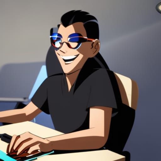 Smiling Man Working on Laptop in Anime Style