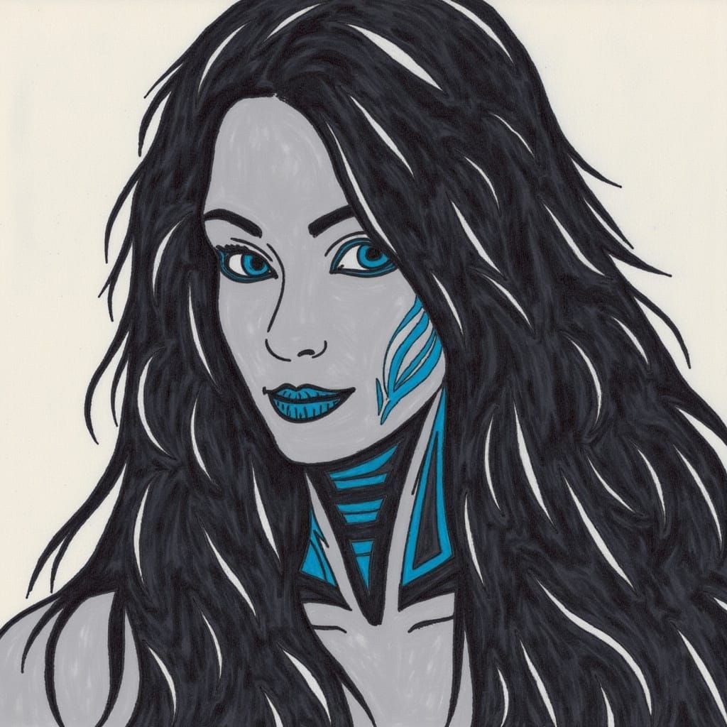 Cyborg Woman with Black Hair in Minimalist Style