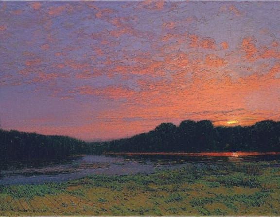 Luminous Sunset Landscape on a Serene River in Romantic Impr...