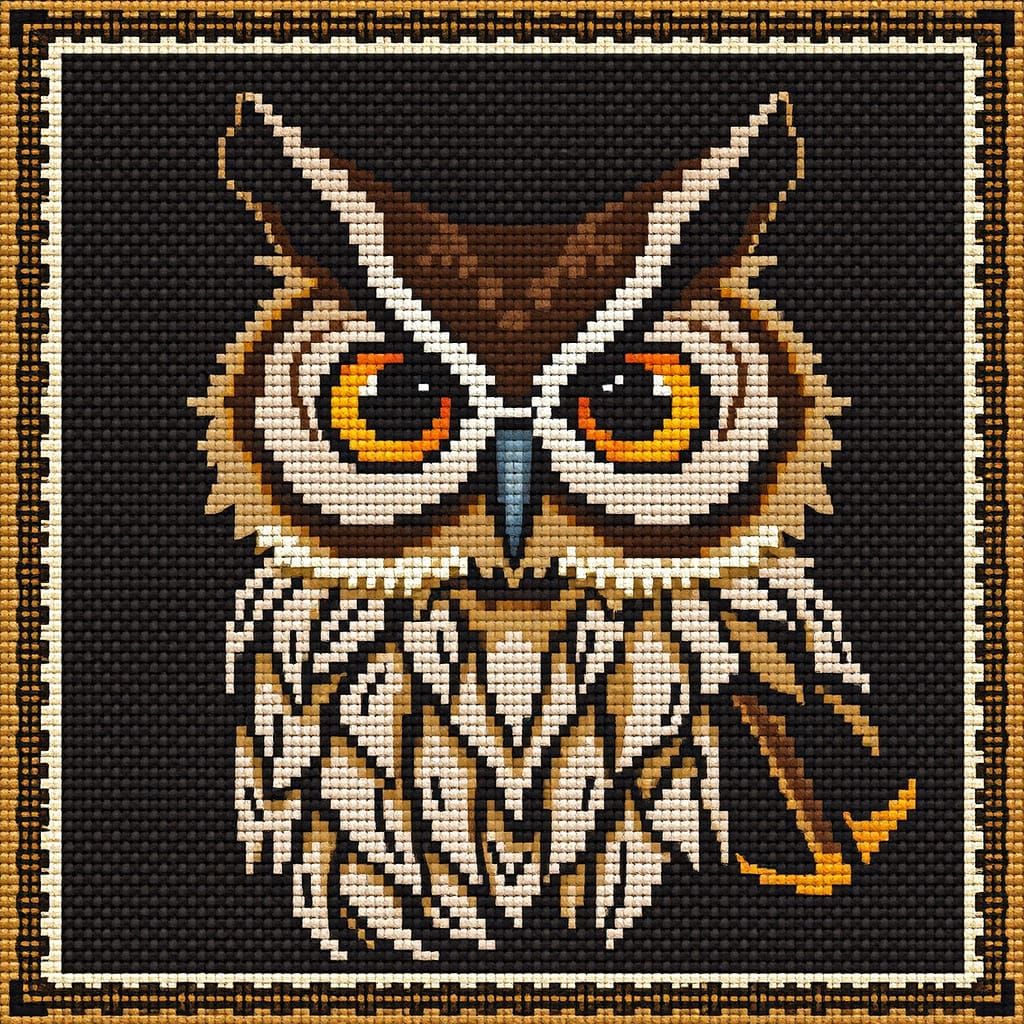 Whimsical Big-Eyed Owl in Vibrant Cross Stitch
