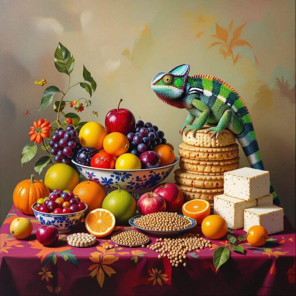 Surreal Harvest Table with Rainbow Chameleon, Vivid Still Li...