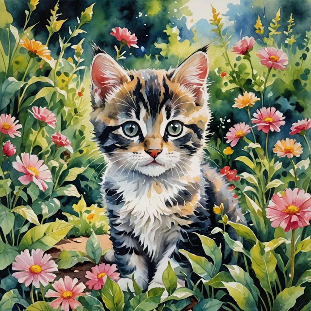 Kitten in Garden: Watercolor Impressionist Gouache Painting