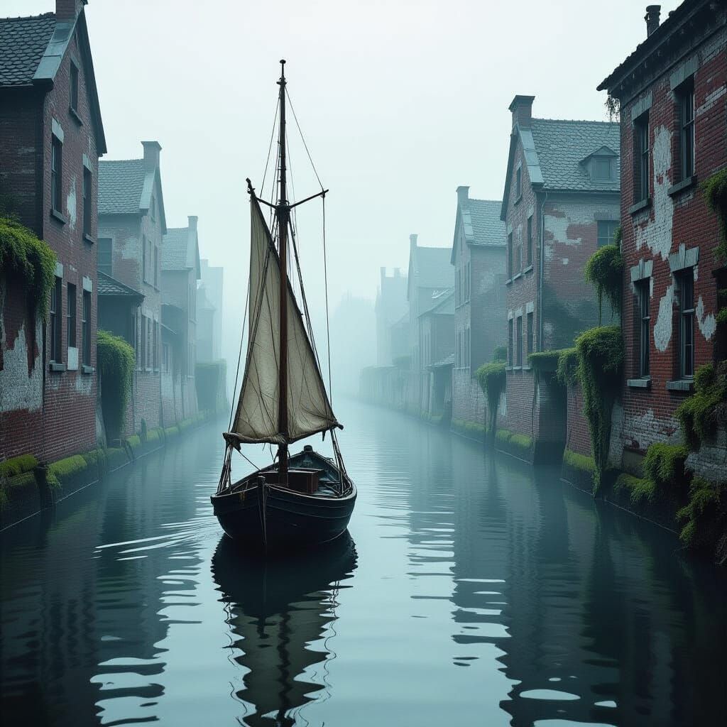 Melancholic Sailboat Drifts Through Decaying City