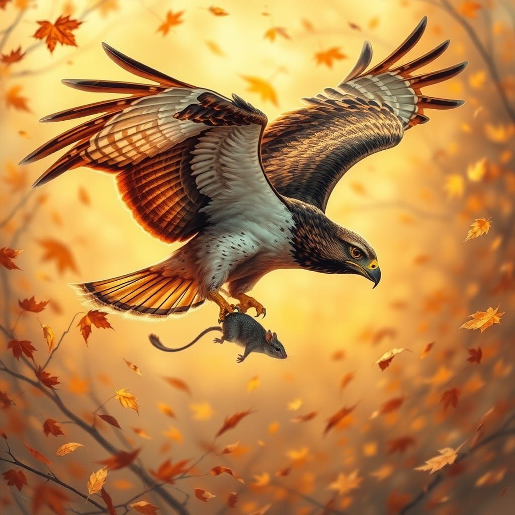 Hawk in Flight with Mouse Prey, in Dynamic Art Style