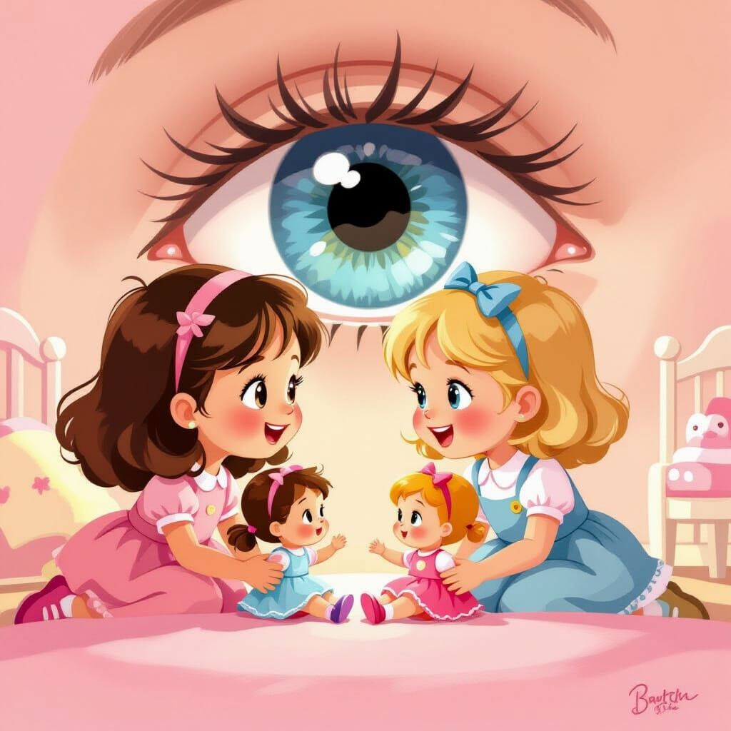 Girls Playing With Dolls in Pink Room, Storybook Style