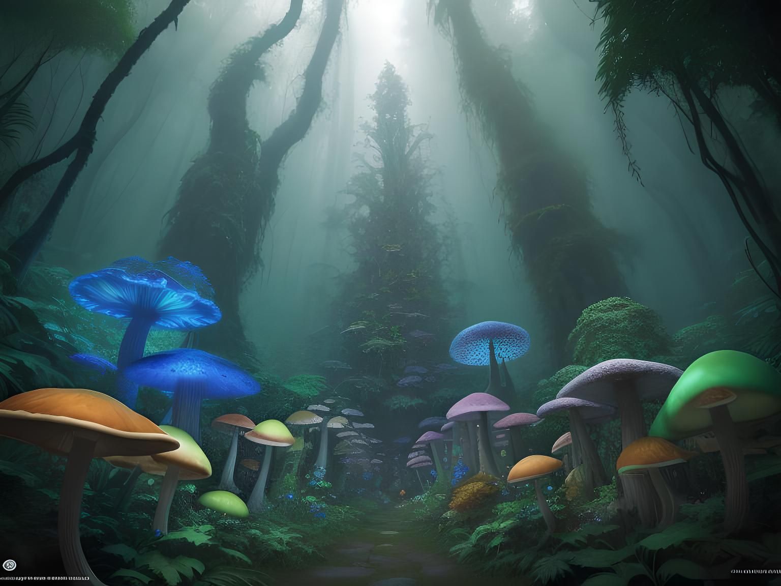 Surreal Glowing Mushroom Network in Oil Paint