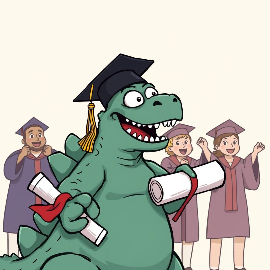 Godzilla Celebrates Graduation in a Cartoon Style