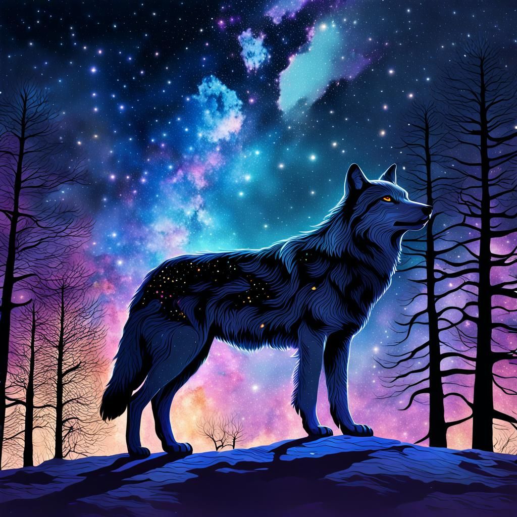 Wolf Shadow Reveals Starry Night Sky
