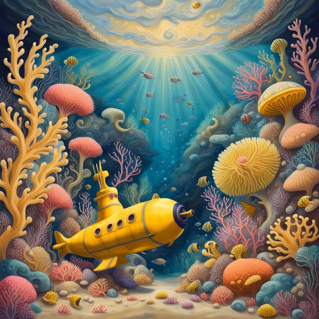 Dreamy Underwater Scene with Yellow Submarine