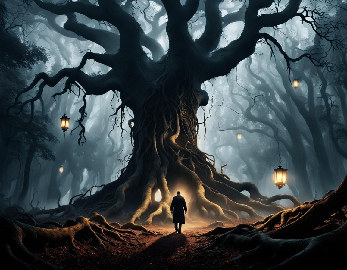 Mysterious Man with Shadows in Misty Forest